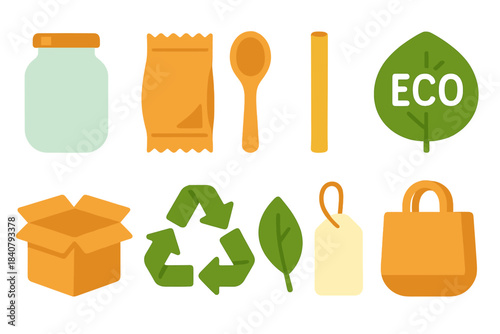 Eco-friendly flat icon set. Reusable, sustainable, recycling symbols for eco-conscious living