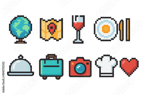 Travel and food flat icon set. Includes globes, maps, cuisine, travel essentials.