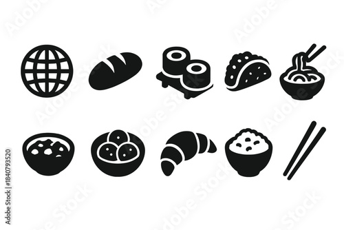 Food and cuisine solid icon set. Bread, noodles, sushi, and more in bold silhouette style