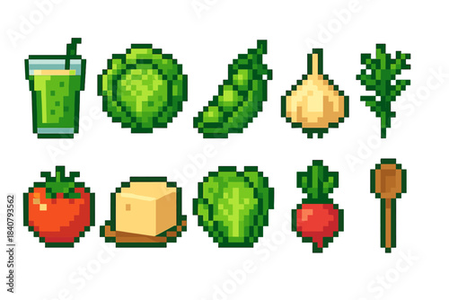 Vegetable, herb pixel icon set. Retro gaming style food icons collection in pixel art
