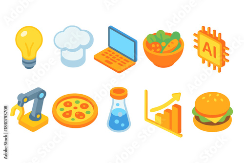 Business and lifestyle 3d icon set. Innovation, food, tech icons collection