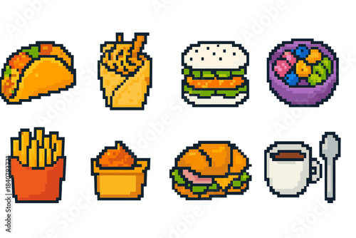 Fast food pixel icon set. Delicious, pixel art icons collection.