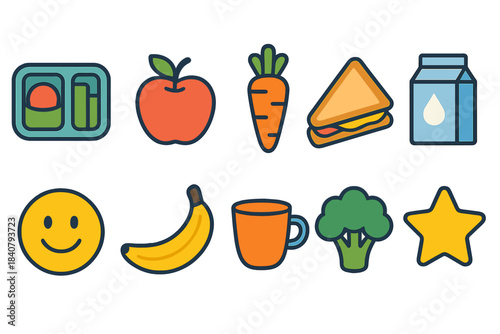 Food and beverage flat icon set. Healthy eating and drink outline icons collection