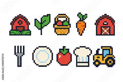 Farm and agriculture icon set. Pixel art style farm, produce, and equipment icons