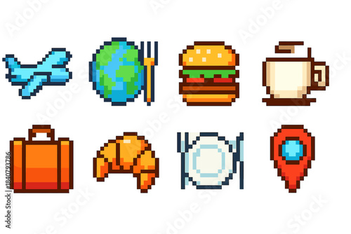 Travel and food icon set. Pixel art, vacation, culinary and map icons in 3d style