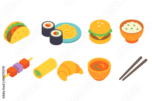 Food and cuisine flat icon set. Culinary, snacks, meal, dining icons flat collection