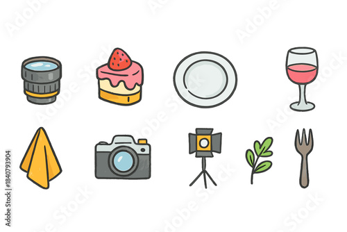 Food and photography icon set. Dining and camera elements in flat style