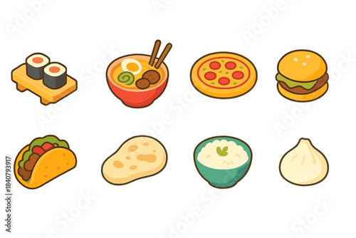 Food and cuisine icon set. Tasty, flat icon collection of delicious international foods.
