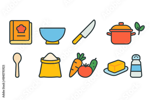 Cooking, kitchen flat icon set. Culinary essentials and food utensils flat collection