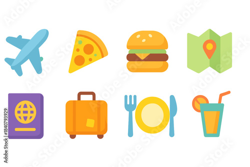 “Travel and food flat icon set. Vacation, dining, navigation flat icons collection”
