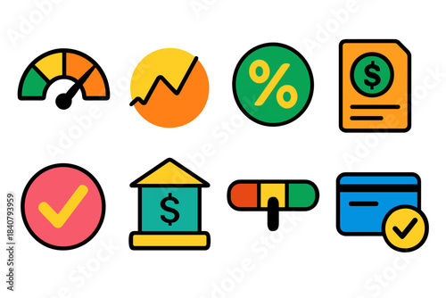Finance and banking flat icon set: budget, investment, payment, credit symbols collection