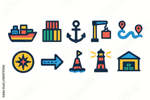 Maritime, navigation line icon set. Shipping, transport, nautical icons collection