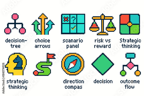 Business strategy and decision making icon set. Flat style icons for planning