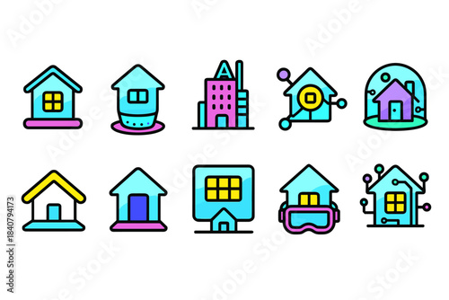 Home technology icon set. Smart home concepts in a colorful outline icon collection.