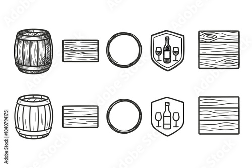 Wine, barrel outline icon set. Rustic, vintage winery tools and equipment collection