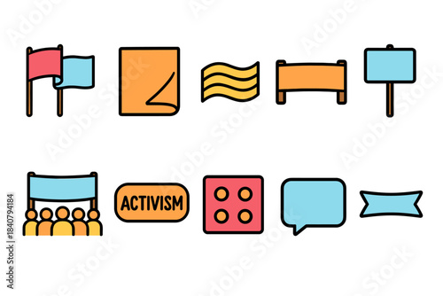 Protest, activism icon set. Flat style demonstration, signs, banners icons collection.