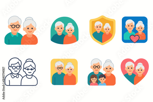 Grandparents flat icon set. Family, love, elderly people icons flat collection