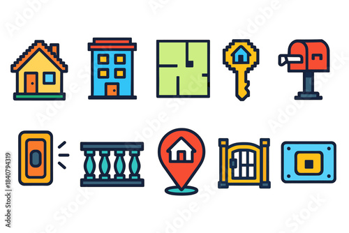 Real estate flat icon set. Property, home buying, and renting icons collection