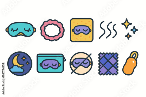 Sleep essentials flat icon set. Nighttime, rest, relaxation icons collection.