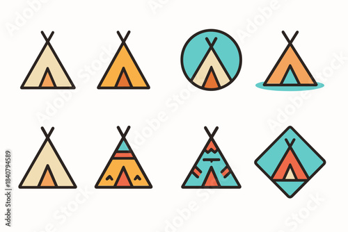 Camping, teepee flat icon set. Adventure, outdoor, wilderness flat collection