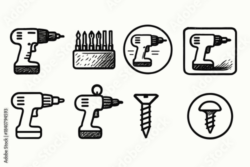 Tools, construction outline icon set. Power drill, screw, diy icons collection
