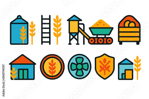 Agriculture and farming icon set. Flat harvest, produce, equipment illustrations collection