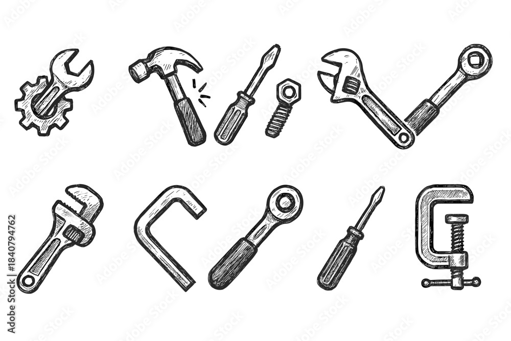 Naklejka premium Tools, construction linear icon set. Hand tools, equipment outline collection