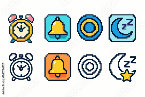 Alarm and bell icon set: pixel art style for time and notification concepts