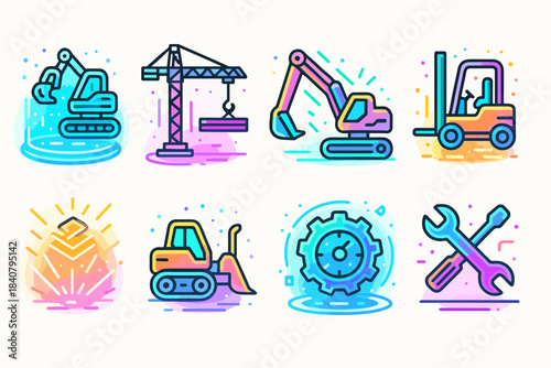 Construction equipment flat icon set. Crane, bulldozer, forklift outline icons collection