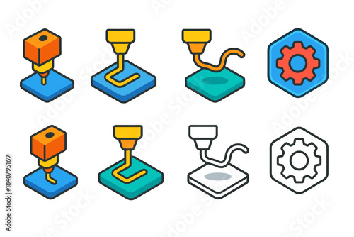 3D printing, manufacturing line icon set. Industrial, technology symbols collection