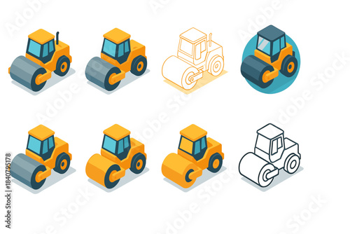 Construction, roadwork 3d icon set. Heavy machinery, engineering icons collection
