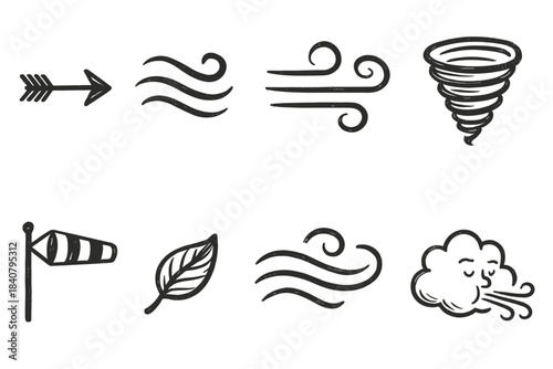 Weather, wind outline icon set. Breeze, tornado, nature sketch icons outline collection