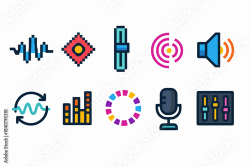 Audio technology flat icon set. Music, sound system, recording icons collection.