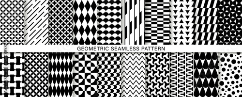 モノクロの幾何学模様のシームレスパターン／20種類