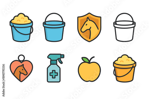 Horse care icon set. Flat icons of grooming, feeding, and stable management essentials