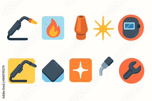 Welding equipment flat icon set. Tools, safety gear, welding icons flat collection