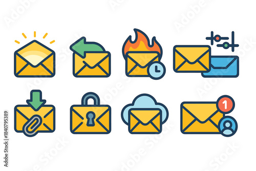 Email communication flat icon set. Messaging, security, notification icons collection.