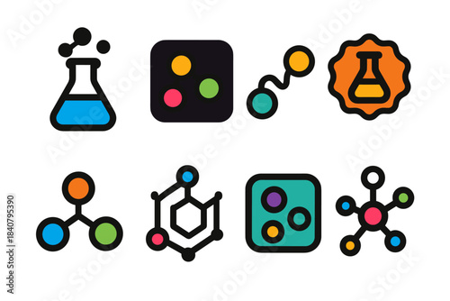 Chemistry experiment icon set, flat style. Lab equipment, molecules, science symbols.