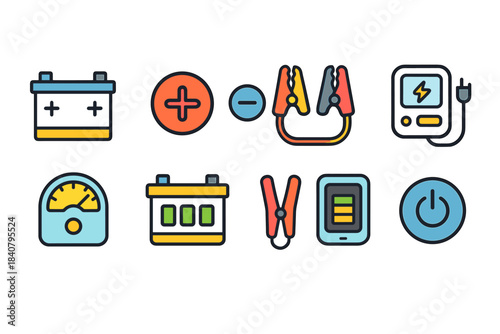 Battery and power, flat icon set featuring charging, energy, and electrical tools