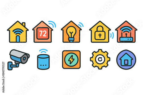 Smart home, security flat icon set. Technology, automation, monitoring icons collection