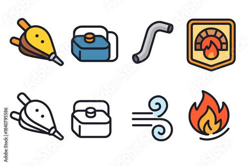 Heating and fireplace icon set. Flat style fire, warmth elements collection