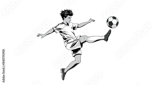 A dynamic black and white illustration of a young boy in mid-air, skillfully kicking a soccer ball.