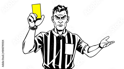 A black and white illustration of a soccer referee holding up a yellow card to a player.