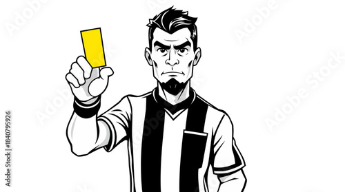 A serious male soccer referee in a striped uniform holding up a yellow card, indicating a foul or caution during a game.