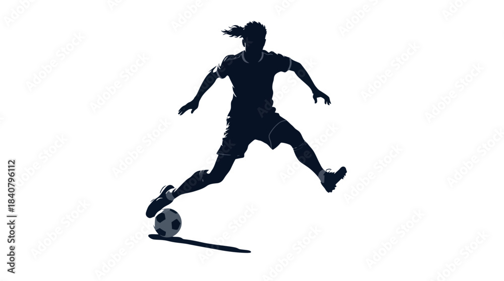 Fototapeta premium A silhouette of a female soccer player in action, kicking a football on a white background.