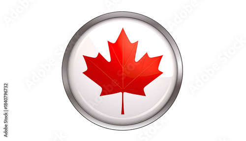 A glossy, round button featuring a red maple leaf on a white background, encased in silver