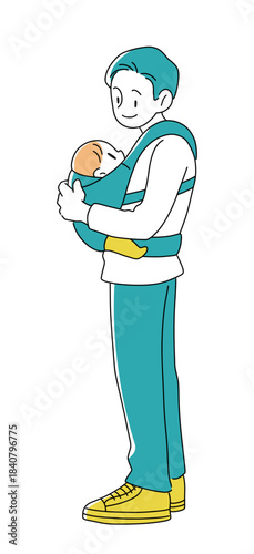 抱っこ紐で赤ちゃんを抱く父親のイラスト / 子育て・育児・ファミリー素材