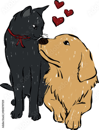 Gato negro y Golden retriever dibujados a mano. Ilustración  romántica de perro y gato. Icono de amor