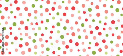 Christmas confetti vector seamless pattern. Colorful pastel confetti trendy background. Polka dots print in pink, green, red colors on Xmas, birthday, party. Holiday wrapping paper.


