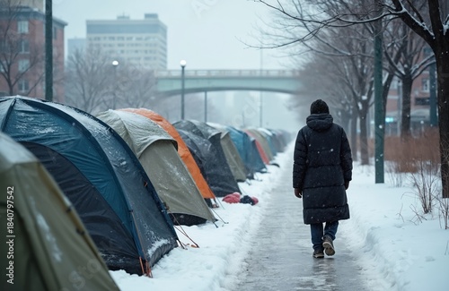 Man walks past row of tents in snowy urban encampment. Homeless people survive cold winter weather on city sidewalk. Social issue of poverty and destitution is evident.